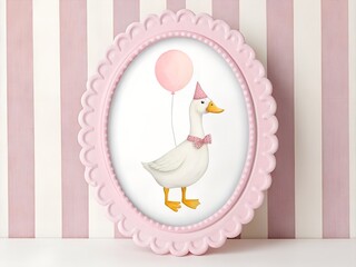 Whimsical illustration of a goose wearing a party hat and bow tie with a balloon in a pink frame duck