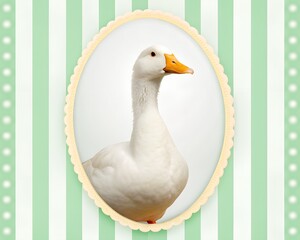 White Duck Portrait in Ornate Oval Frame Against Pastel Striped Background bird waterfowl