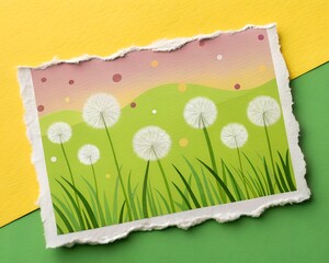 Whimsical Illustration of Dandelions in a Field with Torn Paper Edges grass green