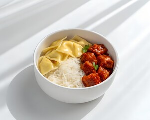 White Bowl Filled with Rice Ravioli and Meatballs in Tomato Sauce with Parsley Garnish Keywords: food, bowl, rice, ravioli, pasta, meatballs, tomato sauce, garnish, parsley, meal, lunch, dinner