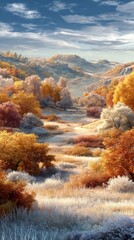 Fototapeta premium Wild autumn embers: the symphony of frost-touched meadows. High-end fashion. Autumn's diverse tones: a meadow frosted under bright october sky. Chic appearance. Opulent look.