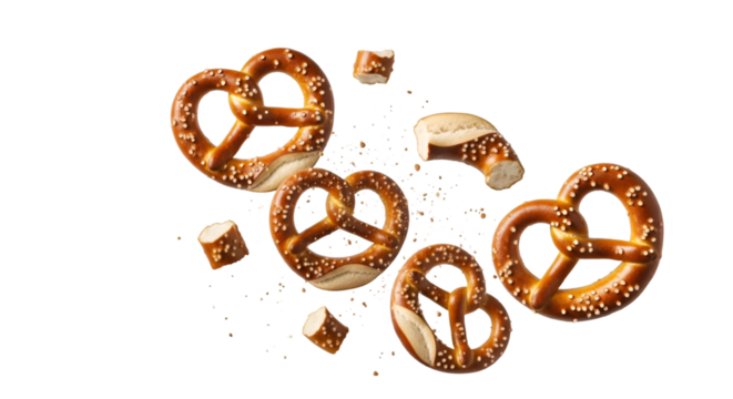 Brown pretzels falling in motion, artistic food splash on white background, clean and detailed snack photography.