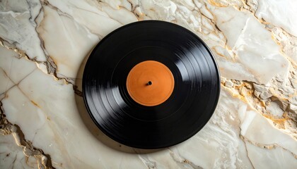 Overhead perspective showcases a vintage vinyl record with a striking black disc and a warm orange label, elegantly presented on a textured, luxurious marble surface with intricate patterns and veins.