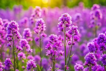 Obraz premium Field of blooming purple wildflowers in golden sunlight