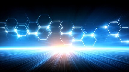 Abstract technology background with glowing hexagons and light rays, a modern design