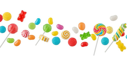 Bright colorful candies falling mid-air on white background, playful minimal design, high detail macro shot.
