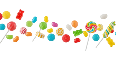 Bright colorful candies falling mid-air on white background, playful minimal design, high detail macro shot.