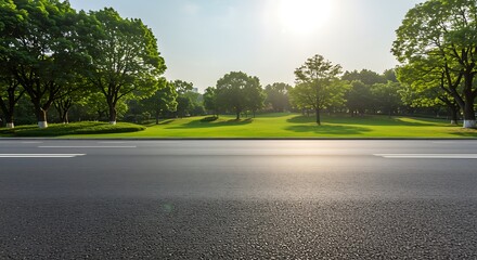 Empty asphalt road stretching through a lush green park with tall trees and bright sunlight on a clear day