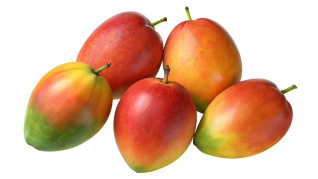 A group of five ripe mangoes, showcasing their vibrant red, orange, and green hues, isolated on a transparent background