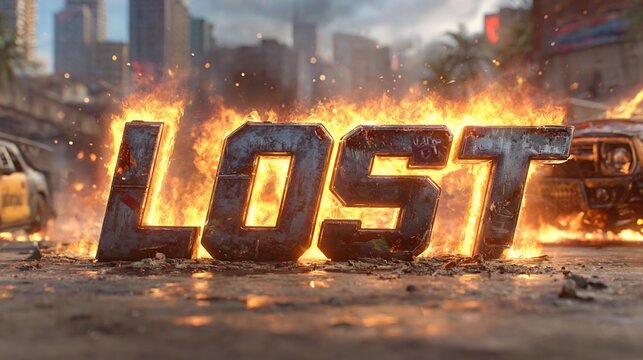 Apocalyptic scene of burning city with word LOST, highlighting destruction and abandonment