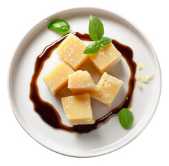 Photo of Parmesan shavings drizzled with balsamic glaze, served on a flat white plate. Shot slightly from above, with soft daylight.