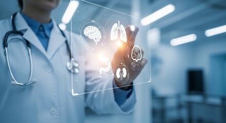 Futuristic doctor using virtual interface for medical diagnosis, a cutting edge approach to modern healthcare with stunning digital technology integration