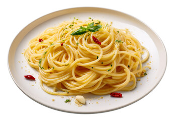 Photo of spaghetti aglio e olio with garlic slices and chili flakes, served on a plain, flat white plate. Shot from the side.