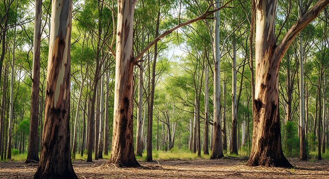 Tall eucalyptus trees in a lush green forest with sunlight filtering through the canopy.