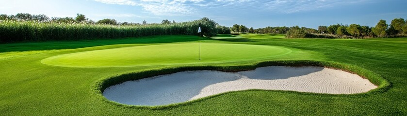 Obraz premium Lush Golf Green with Sand Trap and Flag, Outdoors , Course