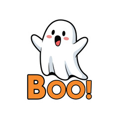 Cute cartoon ghost saying boo with orange text