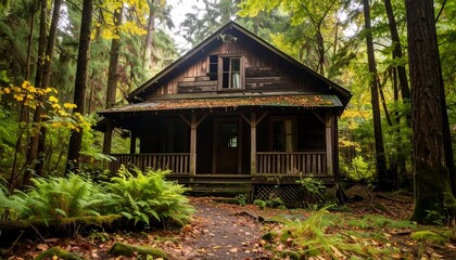 Rustic cabin nestled deep in autumn forest