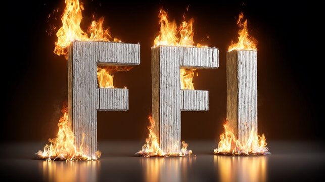 Burning wooden FFI letters with intense flames, conveying destruction and intensity dramatic concept
