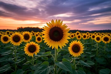 Fototapeta premium Sunflower field is blooming at sunset with cloudy sky