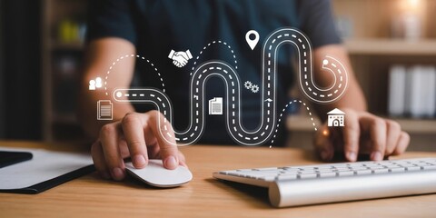 Navigating the Path to Success: A visual of a person navigating a business landscape, marked by pathways symbolizing progress and collaboration