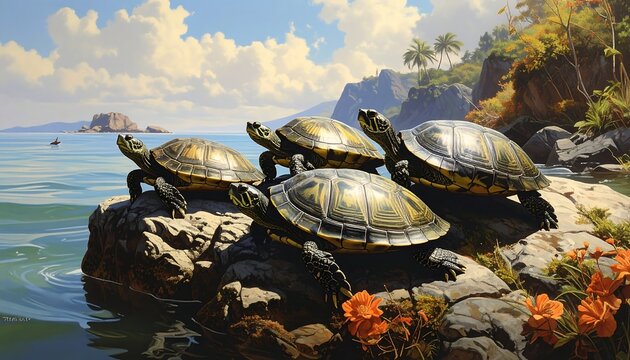 Four turtles bask on a rocky outcrop near a tranquil sea, a backdrop of tropical islands and sunlight