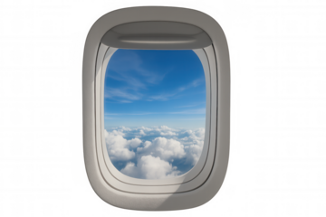 Airplane porthole frame with sky and clouds view, transparent background, experiencing travel and flight