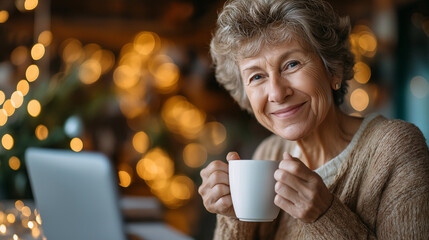 Senior woman holding coffee cup and attending online support group meeting over laptop while sitting at desk at home, under gentle warm light, highlighting engaged expression and c