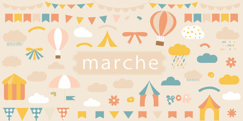 Whimsical circus and festival elements with hot air balloons and bunting flags