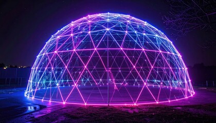 The vibrant illuminated geodesic dome structure features a network of interconnected neon lights, glowing with a gradient of purple, blue and pink hues against a dark night sky, emphasizing the...