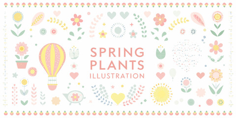 Whimsical spring plants illustration with hot air balloon and hearts in pastel colors