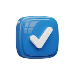 3d blue checkmark icon isolated realistic glossy button isolated on transparent background