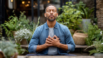 Fototapeta premium Man practicing breathing exercise on terrace surrounded by plants, soft daylight, calm concentration, mindfulness concept, deep breathing technique, relaxation at home, mindful mor