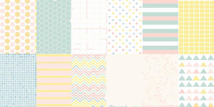 A colorful patchwork of soft pastel geometric patterns and textures