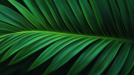 Detailed close up of a vibrant green palm leaf shows intricate patterns and textures, revealing the beauty of nature in a captivating tropical scene.