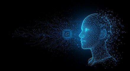 Obraz premium Abstract digital representation of a human head formed by glowing blue particles against a dark background with circuit board elements