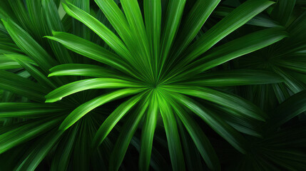Obraz premium A lush green fan palm leaf unfurls its vibrant fronds creating a symmetrical botanical pattern in a tropical garden offe a refreshing natural backdrop scene.