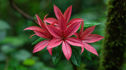 Fototapeta premium A captivating close-up reveals the intricate details of a vibrant red flower with lush green leaves in a serene forest setting, showcasing nature's beauty perfectly.