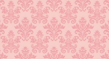 Elegant pink damask wallpaper pattern with intricate floral motifs, vintage design
