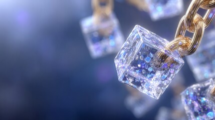 Conceptual blockchain technology visualization featuring interconnected crystal cubes and gold chain