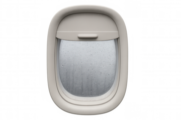 Airplane window showing rain drops and condensation with a transparent background representing travel and delayed flights