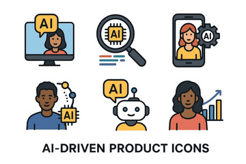 AI-driven products and services vector icon set. Symbols of artificial intelligence, machine learning, and automation.