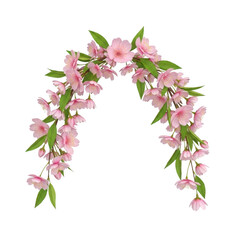 3d delicate pink cherry blossom arch garland with green leaves isolated on transparent background