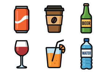 Drinks and beverages vector icon set. Collection of various containers for coffee, beer, wine, and soda.