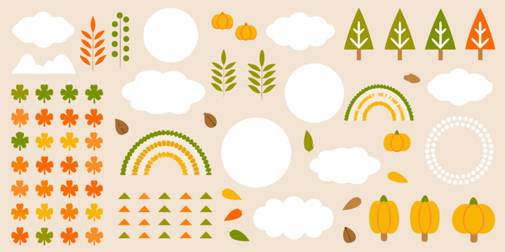 Collection of autumnal elements including pumpkins leaves trees clouds and rainbows on a light background