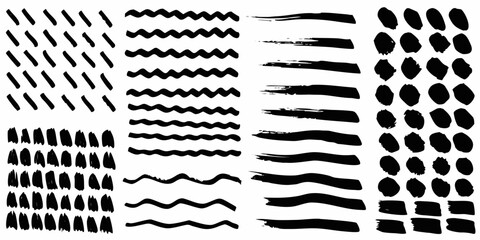 Collection of black hand drawn brush strokes and wavy lines on white background