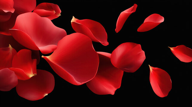 Gently floating red rose petals create a beautiful and romantic swirling pattern against a stark black background with soft shadows and stunning detail and color.