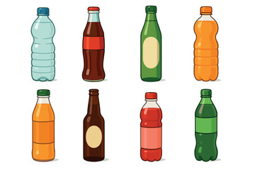 Bottled drinks cartoon vector illustration set. Collection of various plastic and glass bottles with soda, water, and beer.