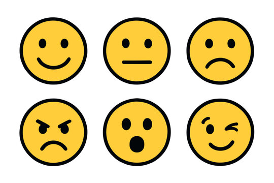 Emoticons and smiley faces simple vector icon set. Basic collection of various emotional expressions.