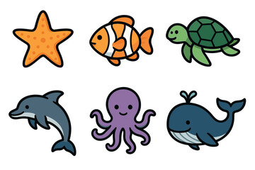 Cute sea animals cartoon vector icon set. Adorable collection of various ocean creatures.