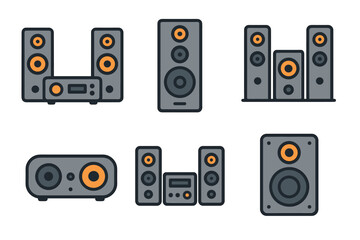 Speaker systems and home theater audio equipment vector icon set. Collection of various sound systems and speakers.